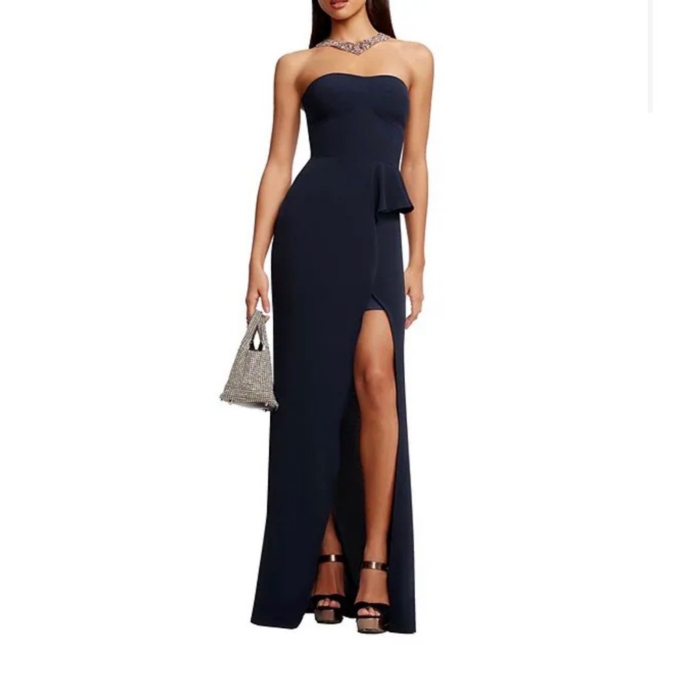 $198 NWT Dress The Population Kai Crepe‎ Maxi Dress in Navy Large Wedding Guest